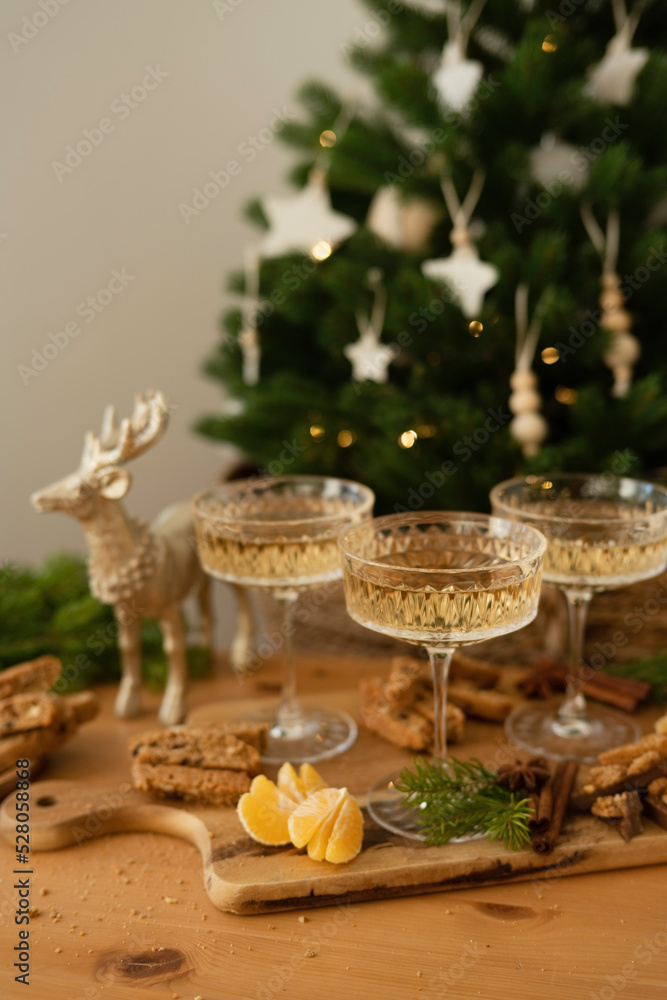 Champagne glasses in the Christmas interior