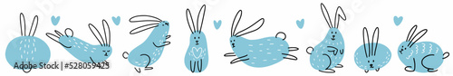 A hand-drawn set of cute rabbits. Vector children's illustration of funny rabbits drawn in the style of doodles.
