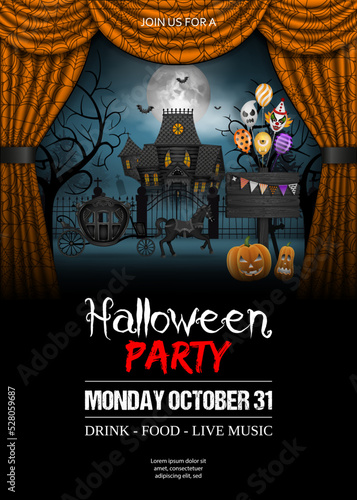Halloween poster with haunted house, old carriage and wooden signboard with colorful balloons