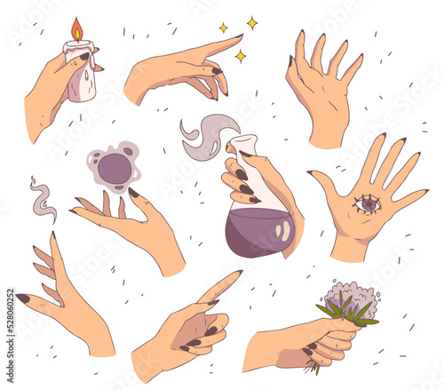 Hand set. Hands conjure. Witch hands. A set of illustrations for a fortune teller.