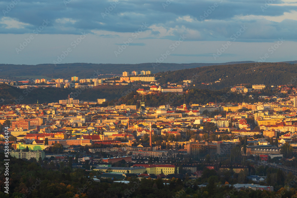 View of the city of Brno - Czech Republic - Europe. In the middle is the dominant Spilberk. The city is illuminated by the setting sun.