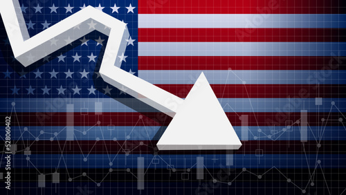United states of America's background of economic crisis, decline, or recession indicating with a down arrow on the us flag. vector illustration. 
