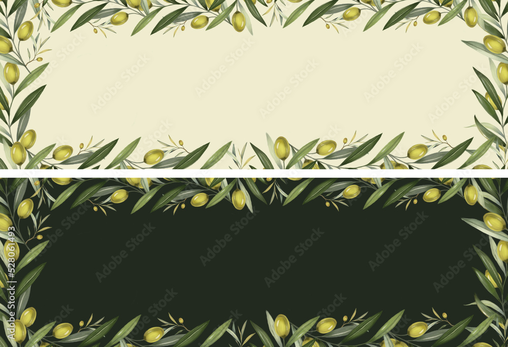 Horizontal banner with twigs and fruits of olives.