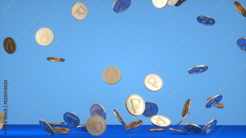 ruble coins falling in motion