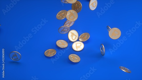 ruble coins falling on a blue background