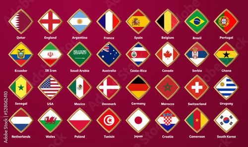 Vector national flags of the participating countries in the World Football Championship 2022. Flags in a golden diamond frame