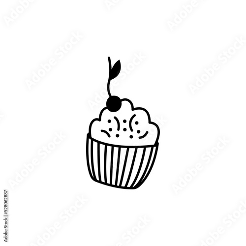 Cupcake doodle linear. Cute muffin with cherry. Tea party element on a white background. Hand drawn vector illustration.