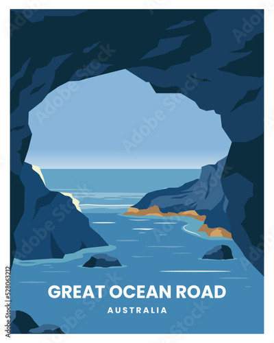 great ocean road beach in australia vector illustration with minimalist style. landscape background suitable for poster, postcard, art, print. photo