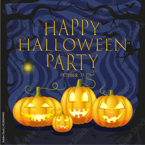 Happy Halloween Party. Happy Halloween pumpkins  spiders and bats background. 