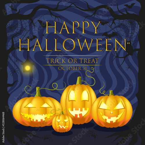 Happy Halloween pumpkins  spiders and bats background. 