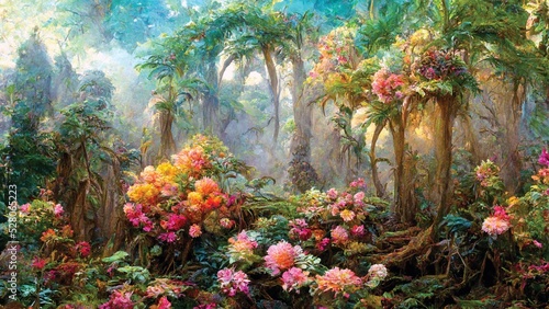 Fototapeta Naklejka Na Ścianę i Meble -  Rainforest painting with colorful blooming flowers, printable wall art, jungle illustration, digital art