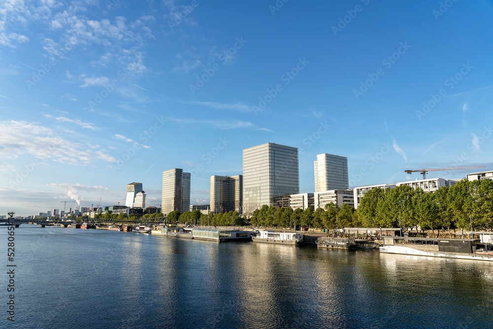Part of the embankment of the river Seine close-up, National Library of France in Paris.