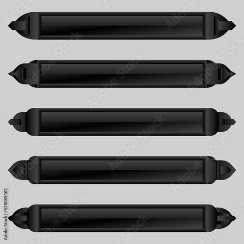 Black metallic gaming interface lower third banner bar title buttons for game development