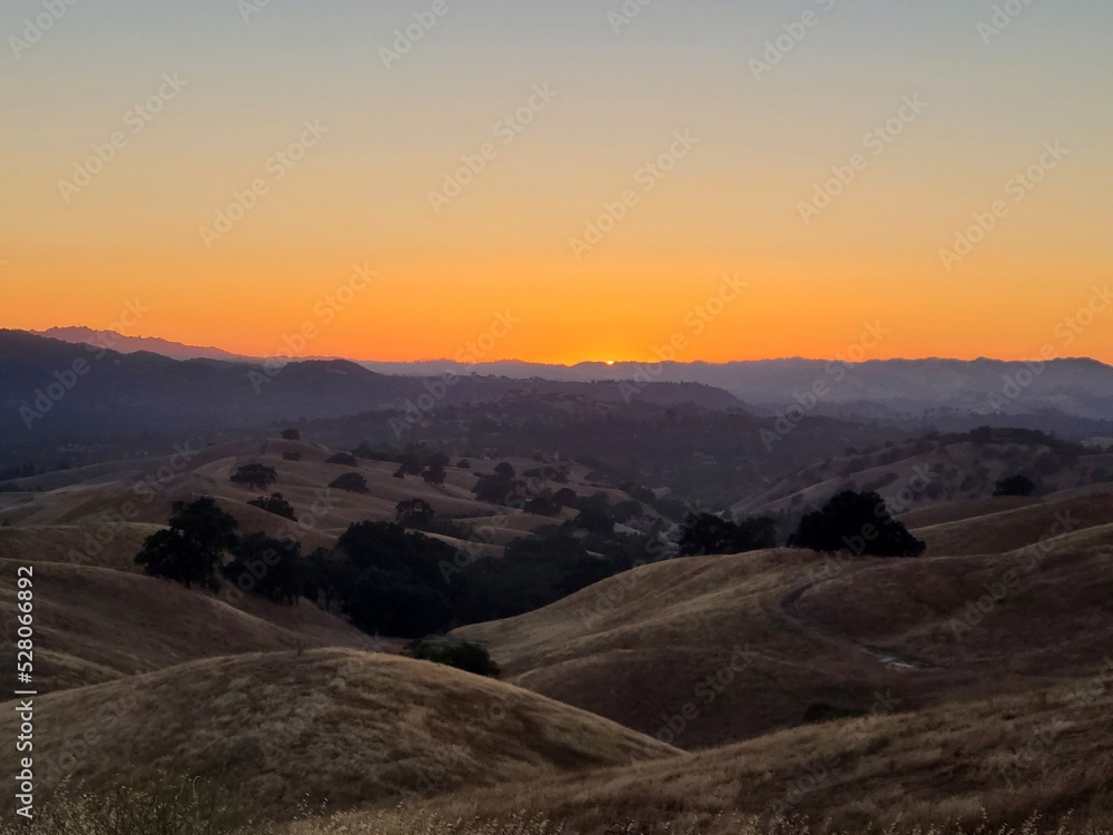 Sycamore Valley and hills of the Diablo range at sunset, Northern California