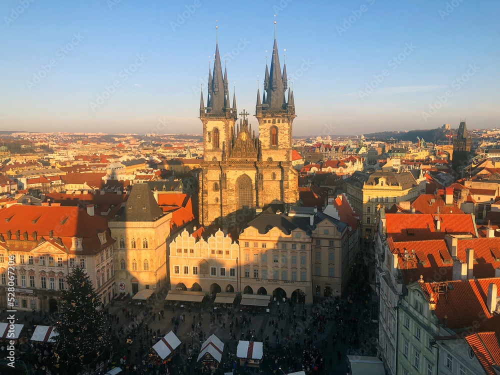 Beautiful Prague Church of Our Lady before Týn with a Christmas market. Best of Czech republic in winter. Most popular Czech tourist places and medieval Czech architecture