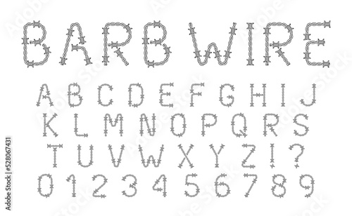 Font Out of Barb Wire in Outline Style. Latin Letters and Numbers