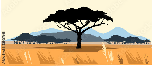 Plains and mountains. African savannah landscape. Silhouette picture. Africa acacia tree. Vector.