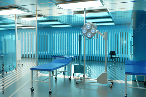Interior of clinic with places for patients. Room in hospital where patients are taken. Modern hospital with couchs for examining patients. 3D image