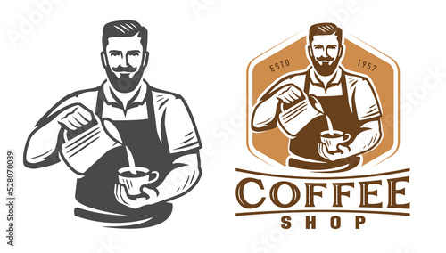 Coffee shop barista logo template. Design template for restaurant or cafe menu. Coffee emblem vector illustration