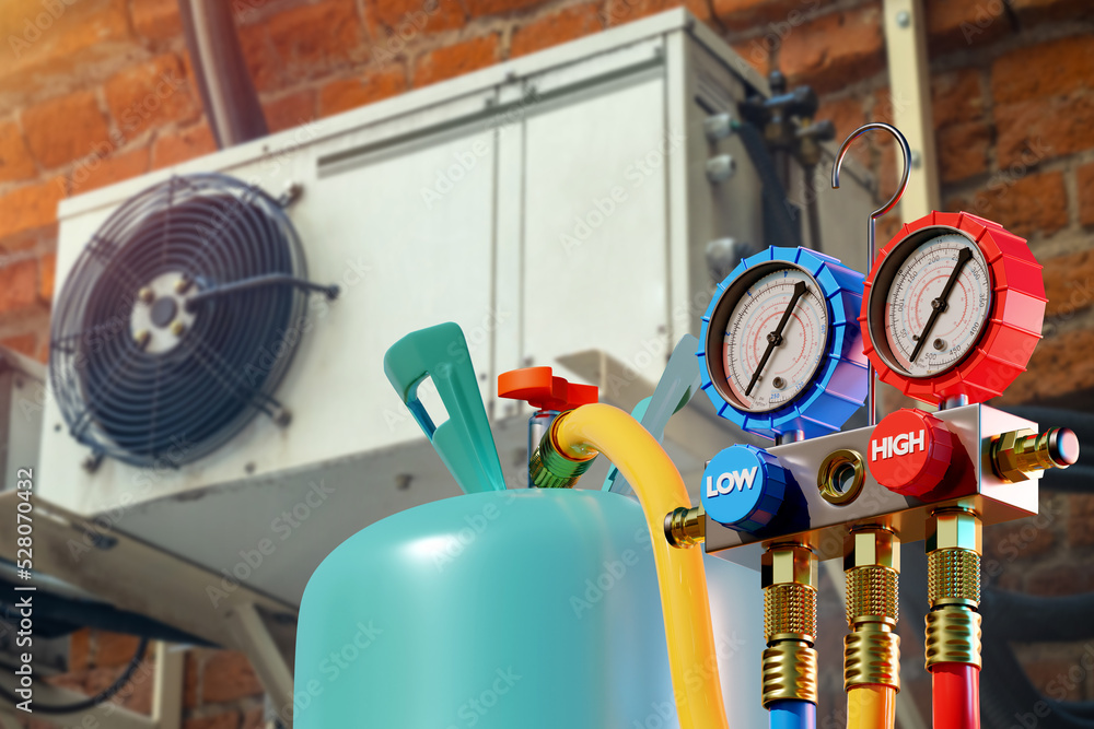 Freon gas cylinder. Conditioner equipment. Taking care of room climate