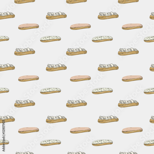 Eclair pattern,eclair cake set with different flavors. Sweet eclair with chocolate, pistachio glaze, custard cream. Bread baked food. Flat style vector illustration for bakery shop, pastry. Logo, menu