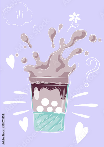Bubble tea. Tasty drink. Full disposable plastic glass with refreshing sweet beverage and liquid splashes. Yummy tapioca pearl balls. Milkshake or cold cocktail. Vector cartoon poster