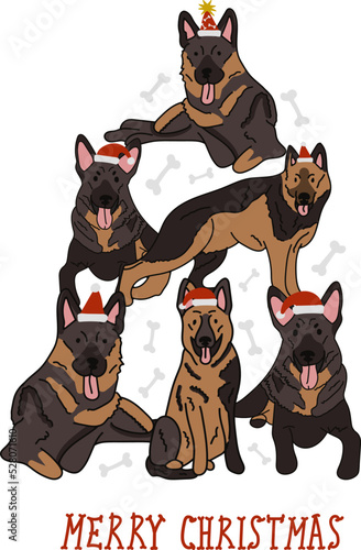 Abstract Christmas tree. Vector illustration. Merry Christmas greeting card with cute funny german shepherd dogs wearing winter hats. Cute funny dogs. Character design.