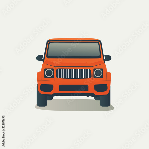 Front View of orange Off Road Truck, SUV Pickup, Jeep Car Flat Vector Illustration