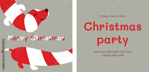 Dachshund candy cane greeting card, vector Christmas card with a cartoon dog.