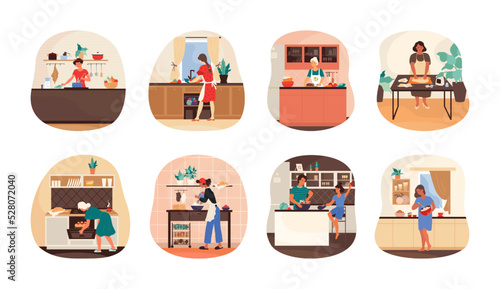 Family cooking food at home kitchen. People bake and eat dinner. Woman preparing meal together with friends. Couple making salad or soup. Pastry preparation. Vector cartoon flat set