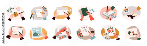 Hand making note. Person writing or painting. Diary plan. Paper document. Paintbrush and palette. Office desk top view. Business form. Man or woman holding pen. Vector illustration set photo
