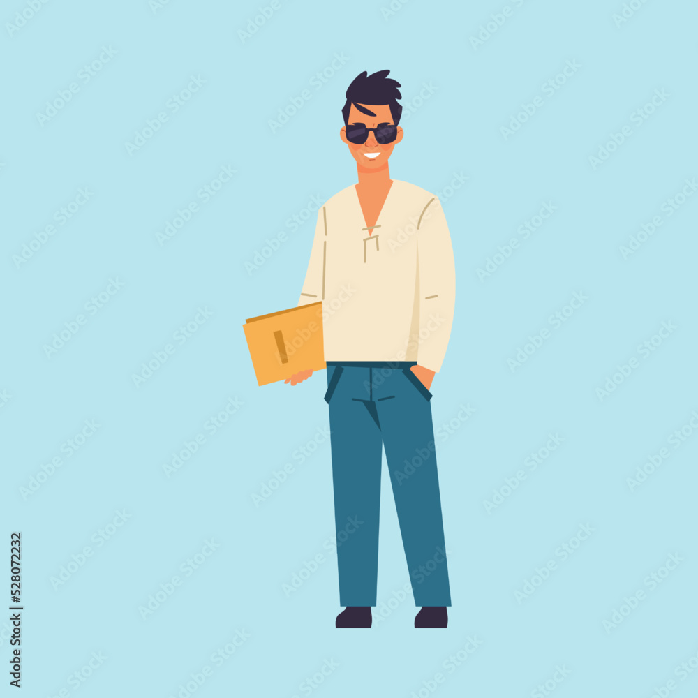 Cartoon man. Standing male with paper folder. Walking people. Isolated person holding book. Casual clothes and sunglasses. Student carrying documents or notepad. Vector illustration Cartoon man. Standing male with paper folder. Walking people. Isolated person holding book. Casual clothes and sunglasses. Student carrying documents or notepad. Vector illustration