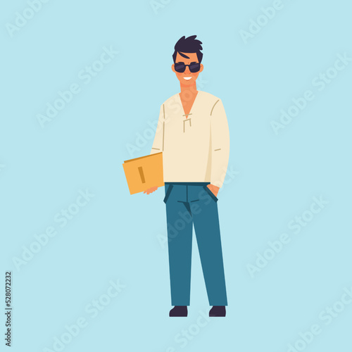 Cartoon man. Standing male with paper folder. Walking people. Isolated person holding book. Casual clothes and sunglasses. Student carrying documents or notepad. Vector illustration