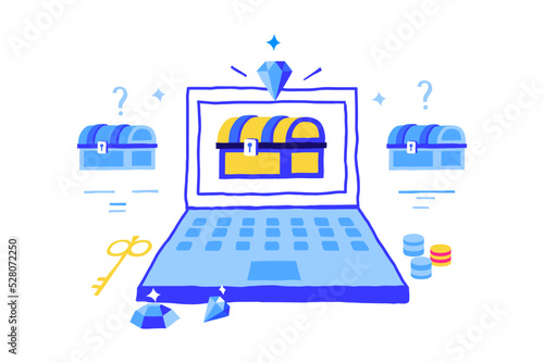 Game development concept. Doodle VR technology and gaming mechanics trendy objects. Laptop screen. Loot chest. Treasure box. Virtual reality simulation. Playing prizes. Vector illustration