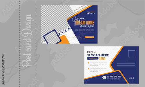 real estate post card design template, blue yellow two color scheme