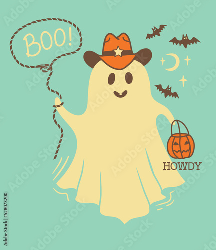 Halloween cute grost cowboy card illustration. Vector hand drawn halloween ghost in cowboy hat and lasso Boo howdy holiday text.