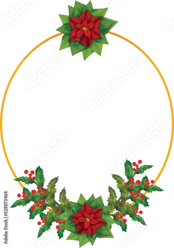 Christmas Wreath Flower Frame vector Illustration with colorful poinsettia flowers.Golden round frame with flowers.
Elements of design of holiday postcards, posters, banners.Wedding ornament concept.
