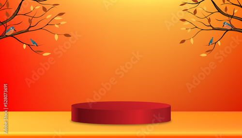 3D display cylinder podium with birds standing on branches tree on orange background,Vector luxury studio backdrop scene with stand platform for Mid Autumn Festival,Autumn,Fall season Sale promotion