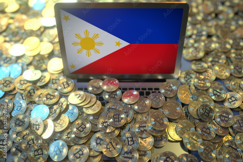 Flag of Philippines on the laptop screen and many bitcoins. National cryptocurrency regulations and crypto mining concepts, 3d rendering