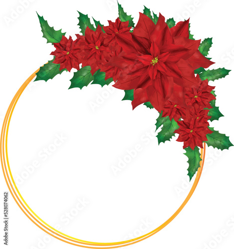 Christmas Wreath Flower Frame vector Illustration with colorful poinsettia flowers.Golden round frame with flowers.
Elements of design of holiday postcards, posters, banners.Wedding ornament concept.
