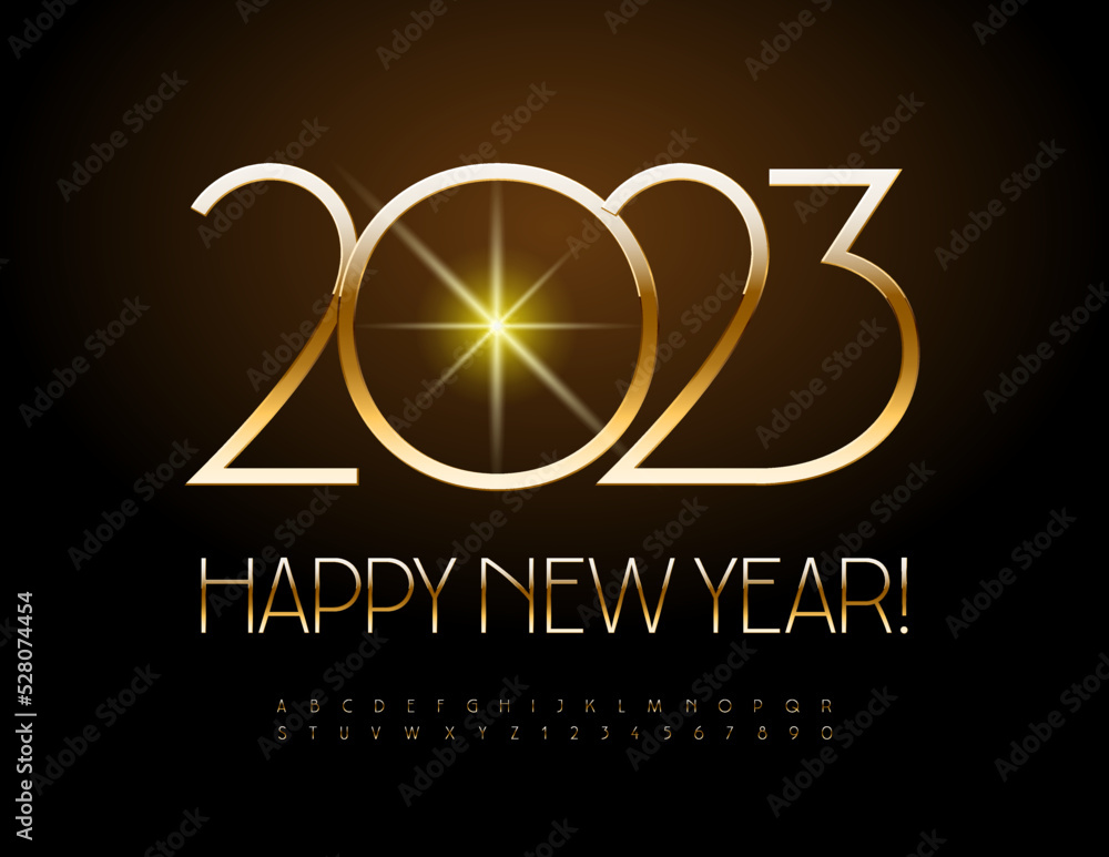 Vector Chic Greeting Card Happy New Year 2023! Beautiful luxury set of Alphabet Letters, Numbers and Symbols. Golden Slim Font. Vector Chic Greeting Card Happy New Year 2023! Beautiful luxury set of Alphabet Letters, Numbers and Symbols. Golden Slim Font.