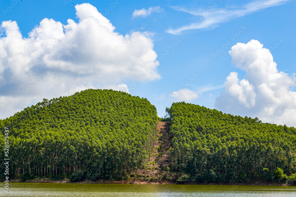 Fototapeta premium View of blue sky, white clouds and green hills and forest at outdoor reservoir