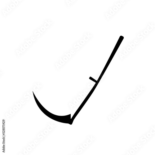 Black sinister scythe silhouette. Grim sharp long handled tool of reaper death. Vintage equipment for mowing grass and medieval vector battles