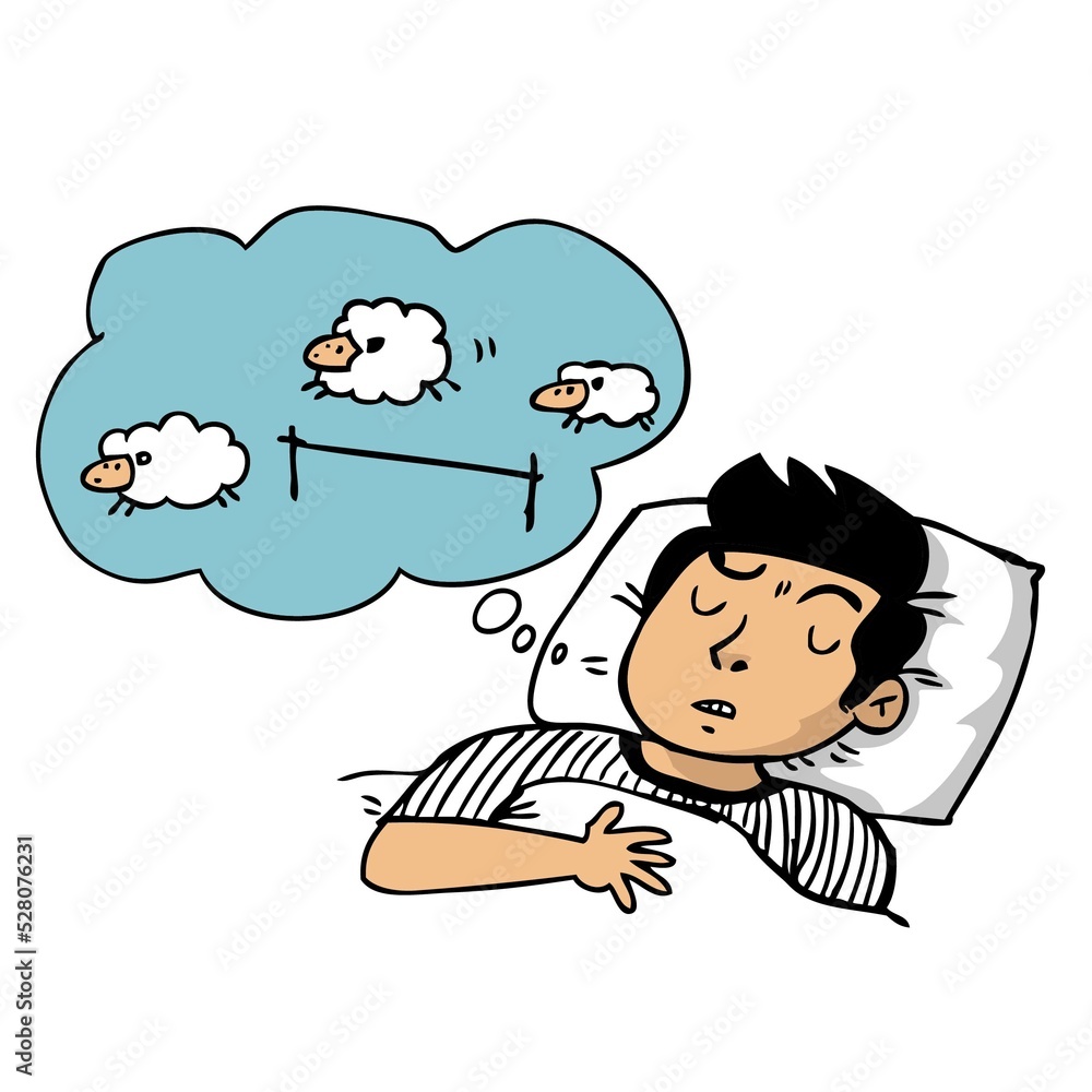 Fototapeta premium cartoon man counting sheep because he can't sleep