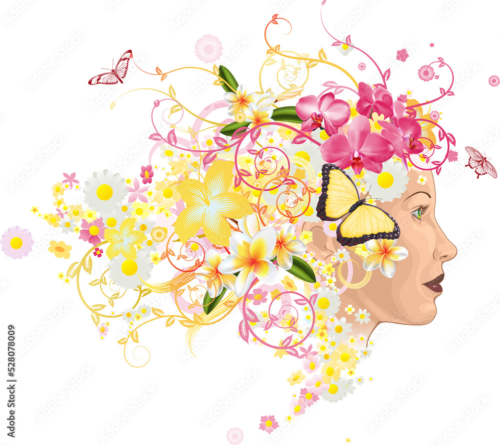 Beautiful woman with hair made of flowers Beautiful woman with hair made of flowers