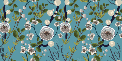 Beautiful floral seamless pattern with flowering branches of almonds (apple trees) on a blue-turquoise background. Botanical print for fashion design, fabrics, wallpapers, covers... Vector 