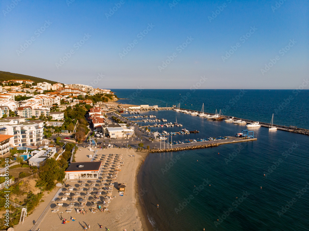 Panoramic view of the sea port of Sveti Vlas in Bulgaria. Aerial photography, drone view.