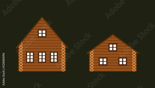 Set of wooden log cabin house illustrations. Flat facade vector illustrations.	
