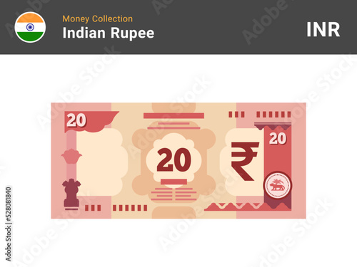 Indian rupee banknote illustration. 20 bill paper money. Twenty INR cash. The official currency of India. Flat style. Simple minimal design. Vector.
