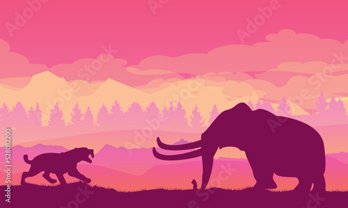 Mammoth. Prehistoric elephant in a beautiful landscape. Giant Jurassic animal in silhouette. vector illustration